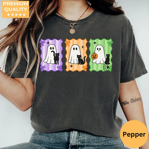 Comfort Colors T-shirt in Pepper color worn by model featuring black cats and ghosts postage stamps illustration