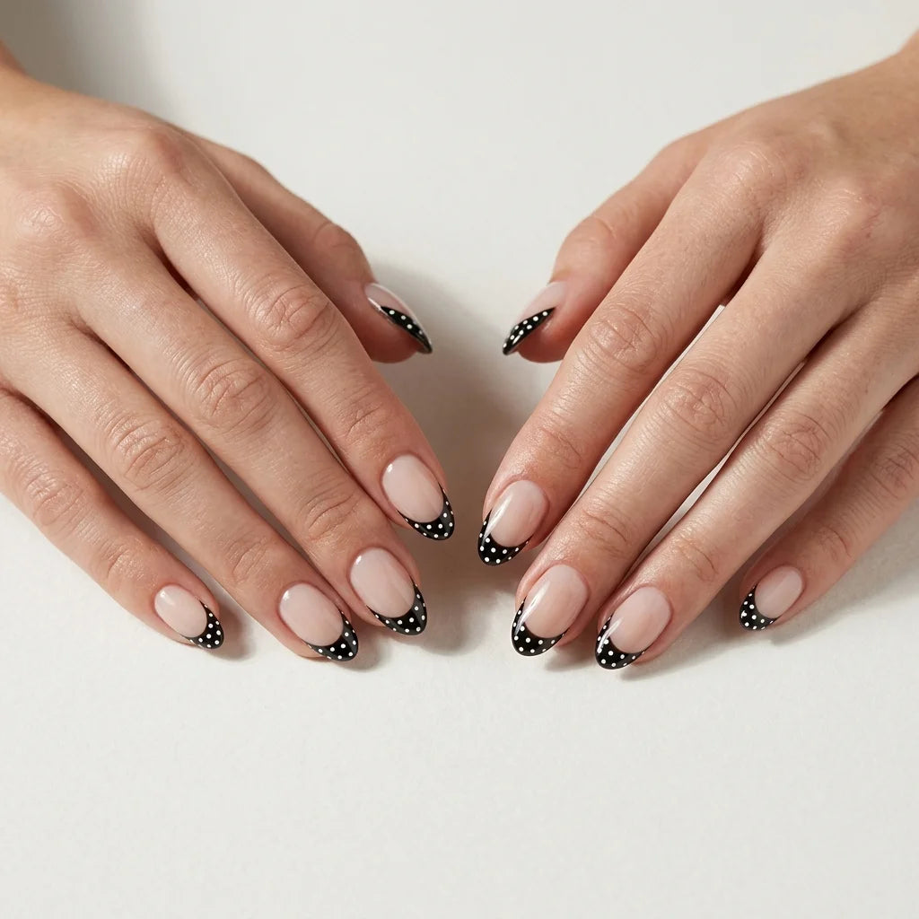 black french tip almond press on nails white polka dots detail 03