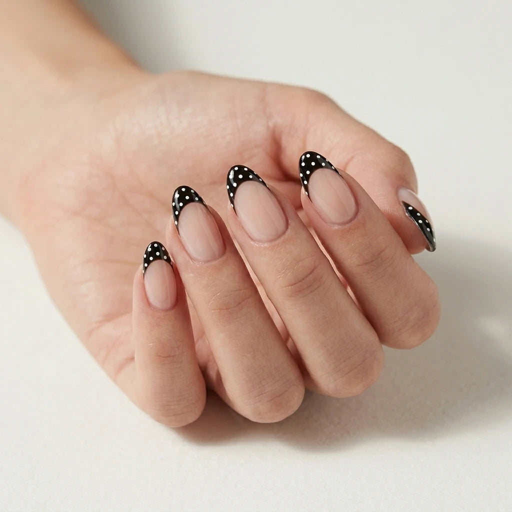 black french tip almond press on nails white polka dots flat lay 04