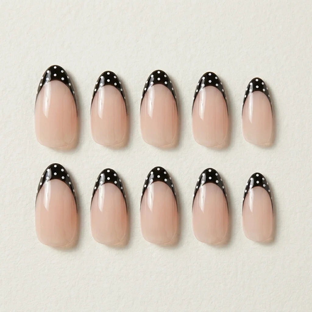black french tip almond press on nails white polka dots lifestyle 02