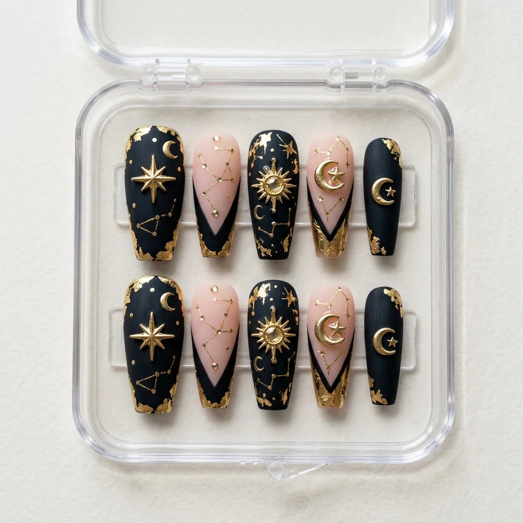 black gold foil coffin long press on nails 3d celestial sun moon flat lay 01