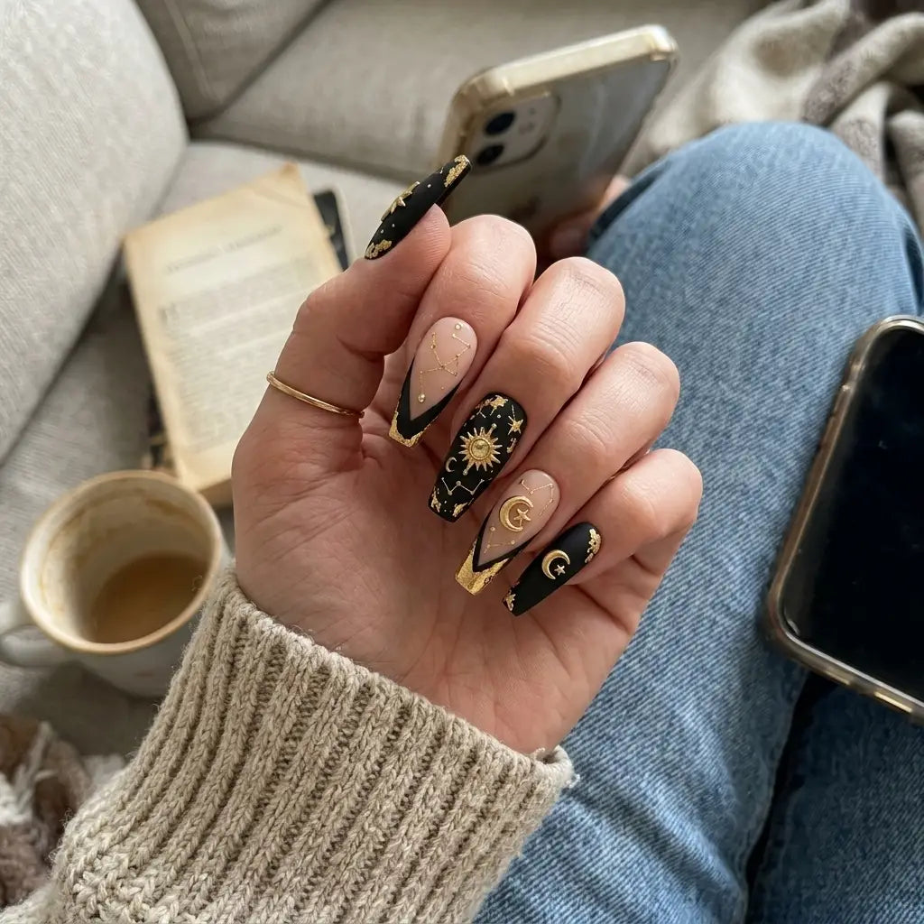 black gold foil coffin long press on nails 3d celestial sun moon lifestyle 01