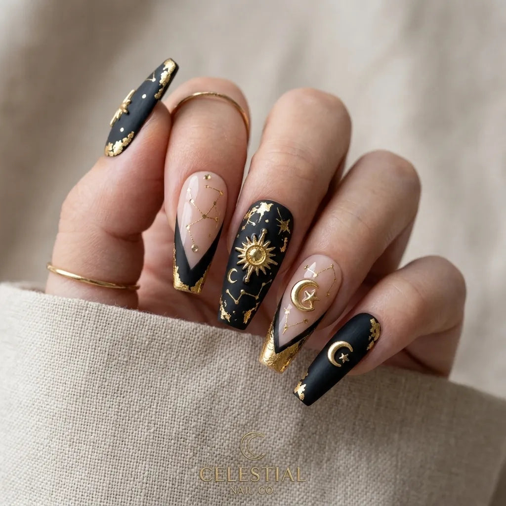 black gold foil coffin long press on nails 3d celestial sun moon mockup 01