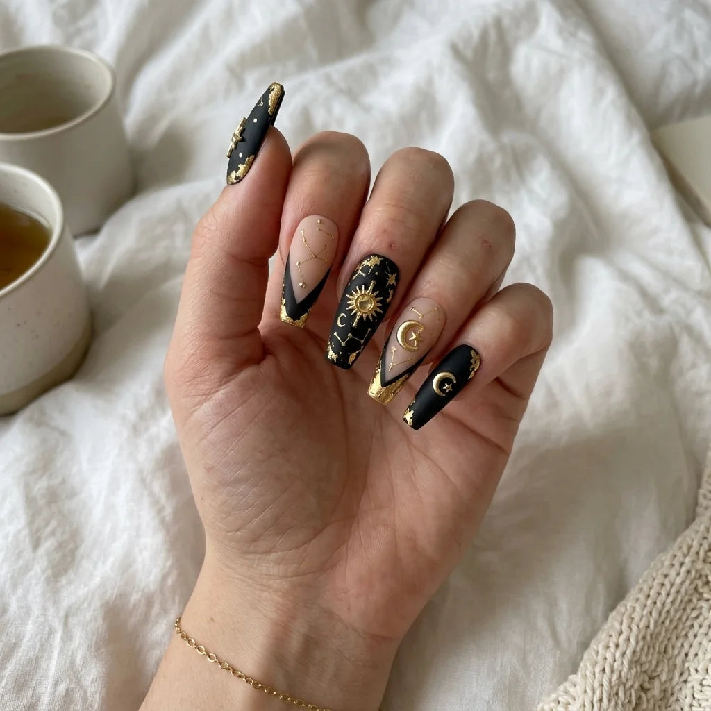black gold foil coffin long press on nails 3d celestial sun moon mockup 03