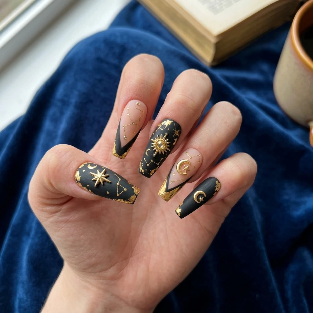 black gold foil coffin long press on nails 3d celestial sun moon mockup 04
