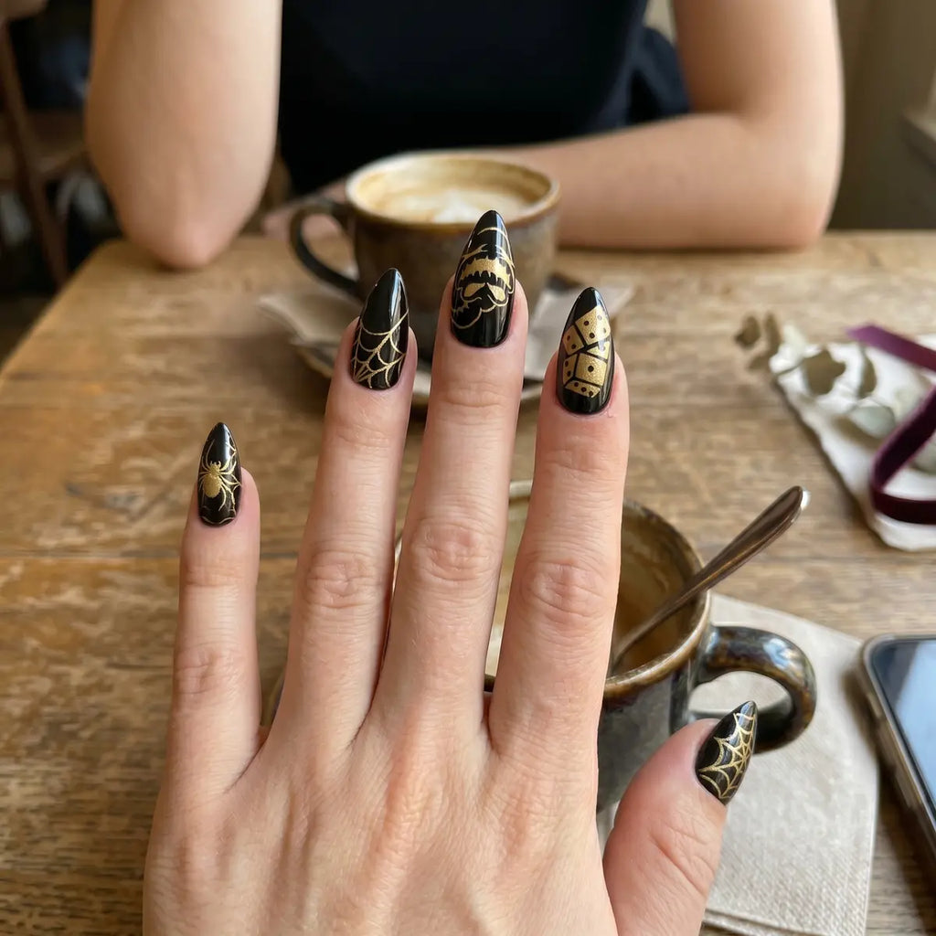 black gold hand painted halloween almond press on nails spider web detail 03