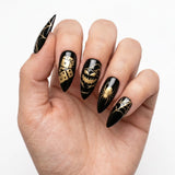black gold hand painted halloween almond press on nails spider web lifestyle 02