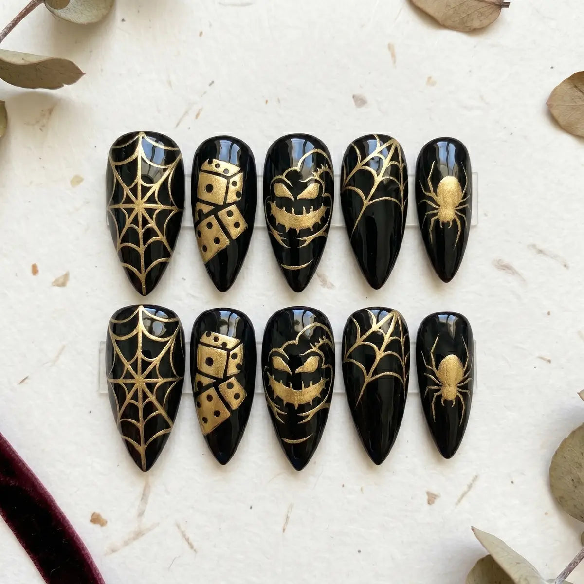 black gold hand painted halloween almond press on nails spider web mockup 01
