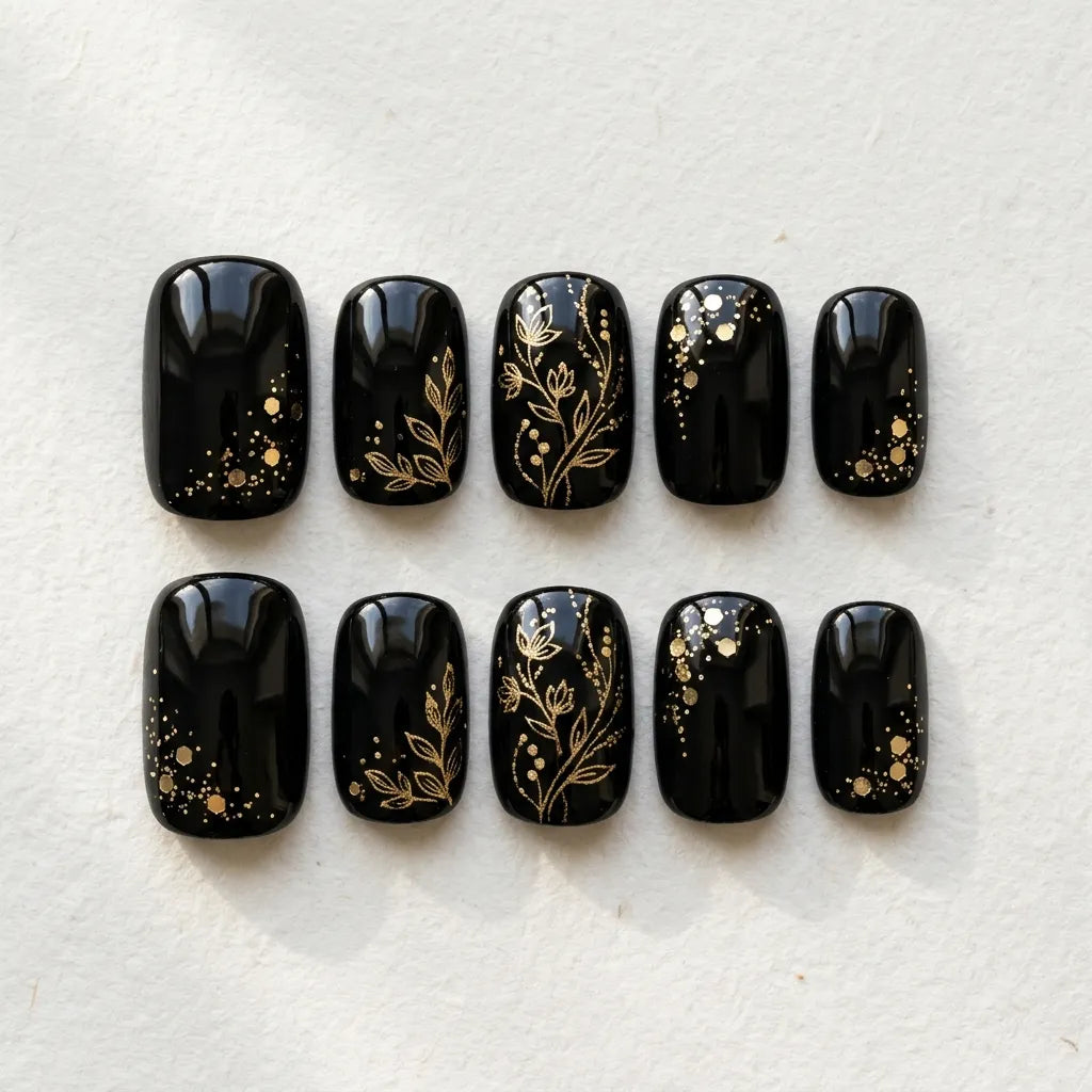 black gold hand painted square short press on nails gold leaf vine lifestyle 02