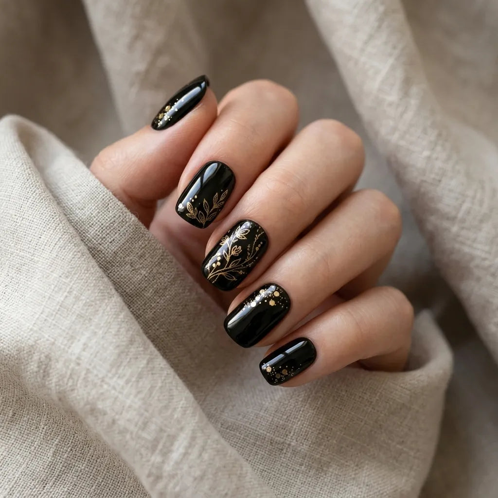 black gold hand painted square short press on nails gold leaf vine mockup 01