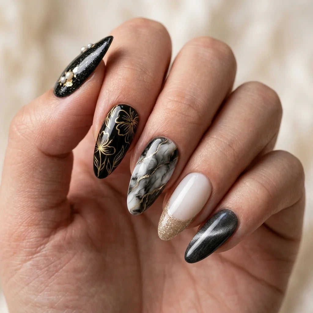 black gold milky white marble cat eye almond press on nails flower glitter detail 03