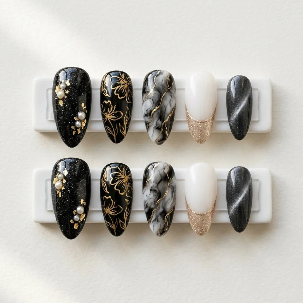 black gold milky white marble cat eye almond press on nails flower glitter flat lay 04