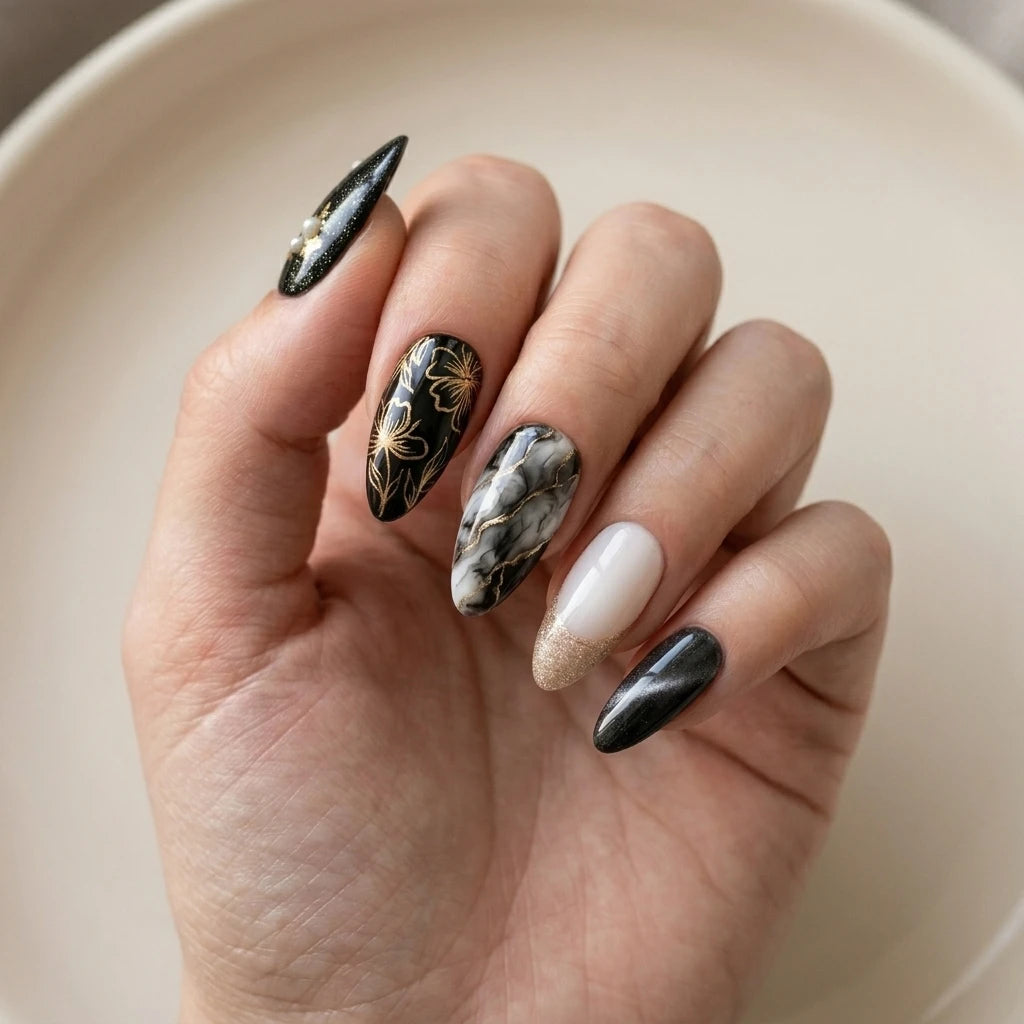 black gold milky white marble cat eye almond press on nails flower glitter lifestyle 02