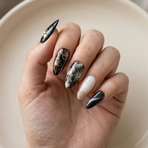 black gold milky white marble cat eye almond press on nails flower glitter lifestyle 02