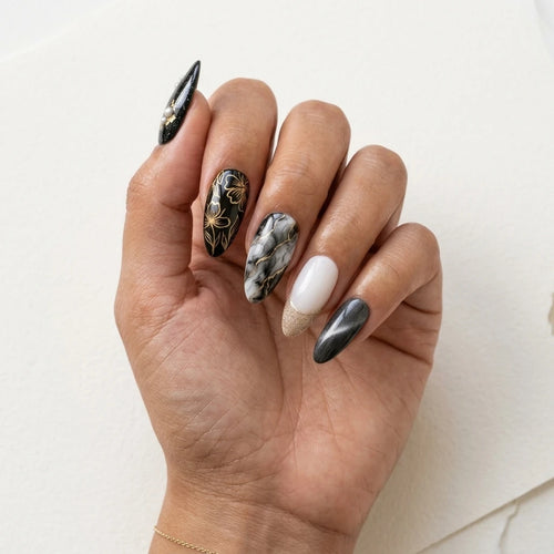 black gold milky white marble cat eye almond press on nails flower glitter mockup 01