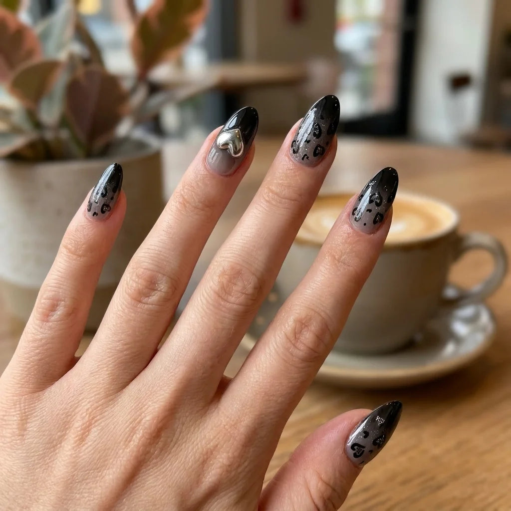 black grey silver 3d ombre almond press on nails heart glitter detail 01