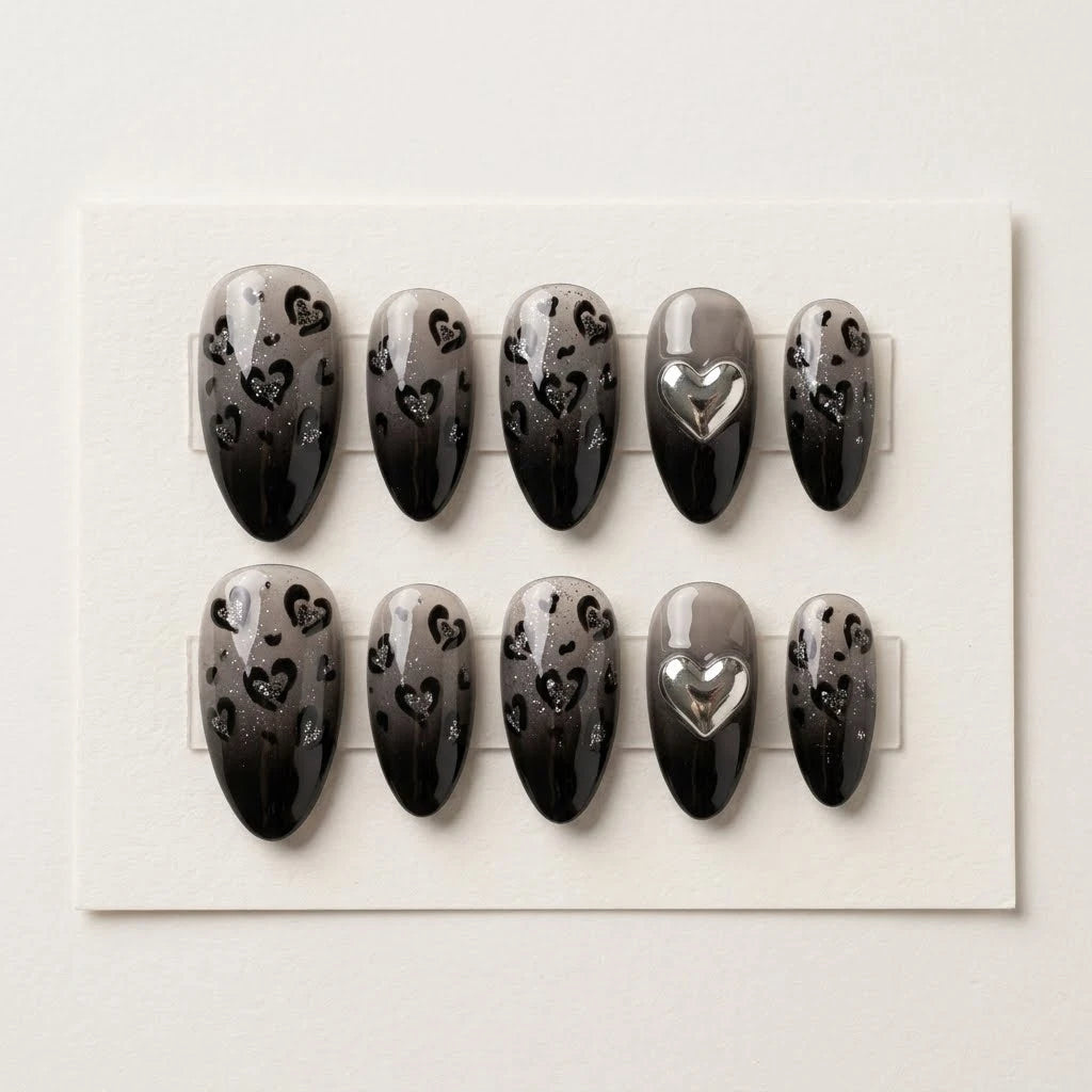 black grey silver 3d ombre almond press on nails heart glitter flat lay 01