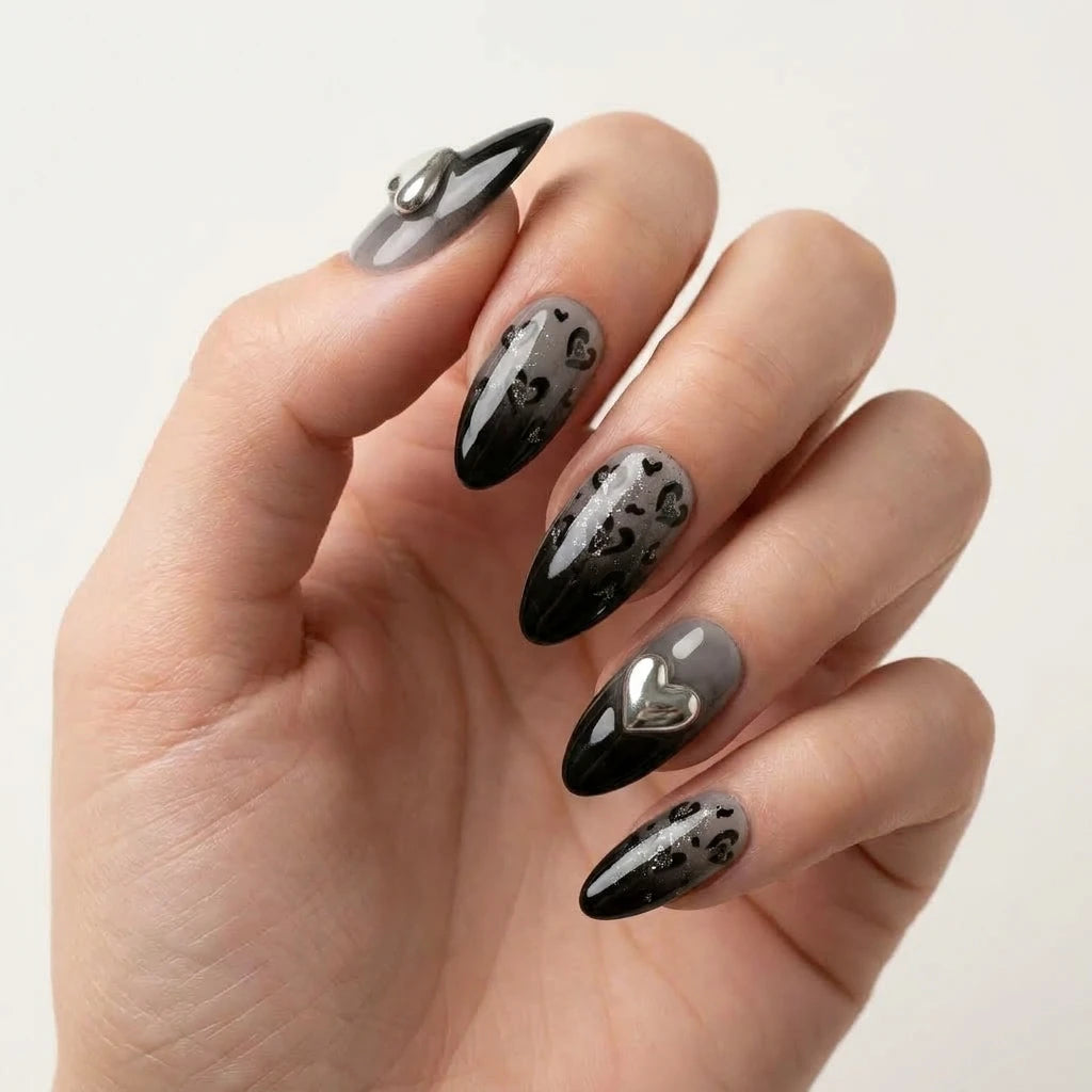 black grey silver 3d ombre almond press on nails heart glitter lifestyle 01