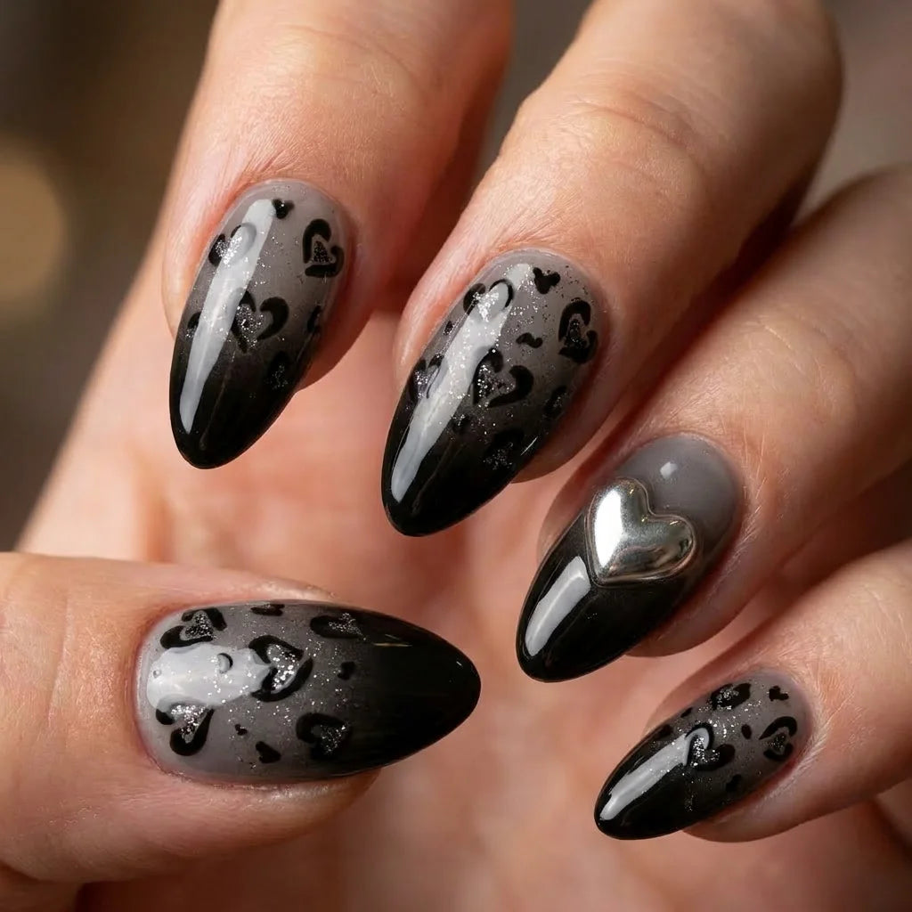 black grey silver 3d ombre almond press on nails heart glitter mockup 01