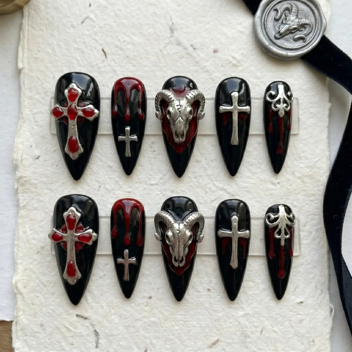 black halloween 3d stiletto long press on nails blood skull cross mockup 01