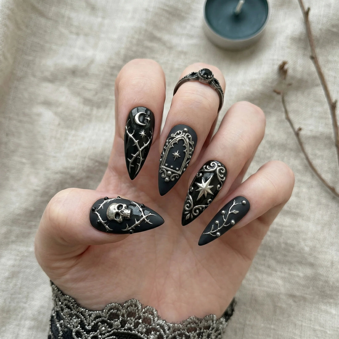 black hand painted halloween stiletto medium press on nails gothic skull mockup 01