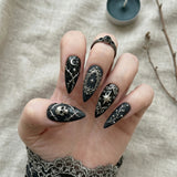 black hand painted halloween stiletto medium press on nails gothic skull mockup 01