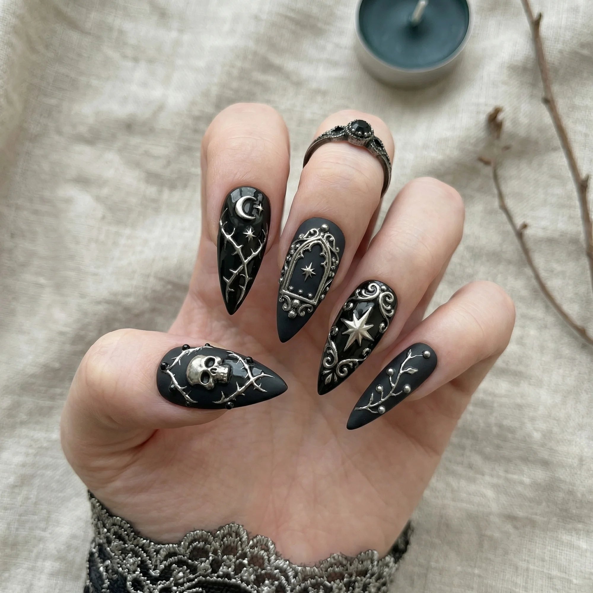 black hand painted halloween stiletto medium press on nails gothic skull mockup 01