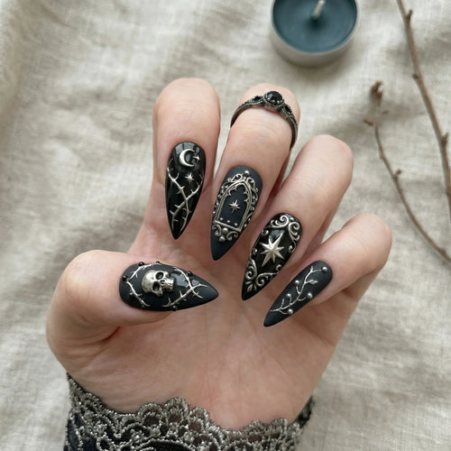 black hand painted halloween stiletto medium press on nails gothic skull mockup 01