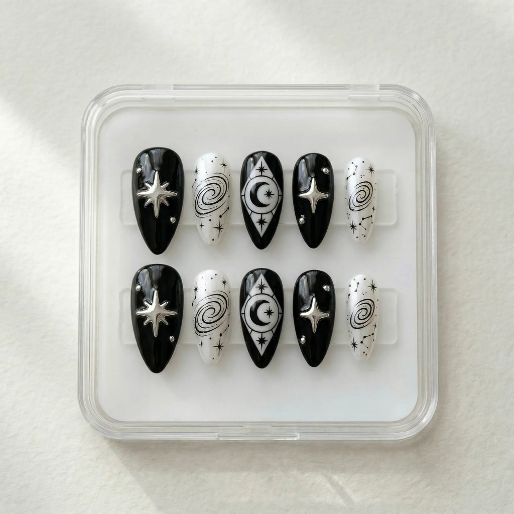 black hand painted stiletto medium press on nails spiral galaxy box 01