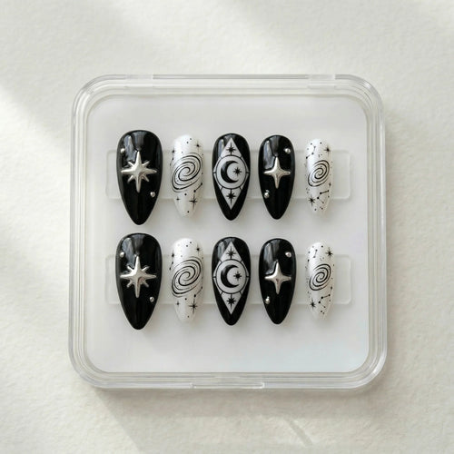 black hand painted stiletto medium press on nails spiral galaxy box 01