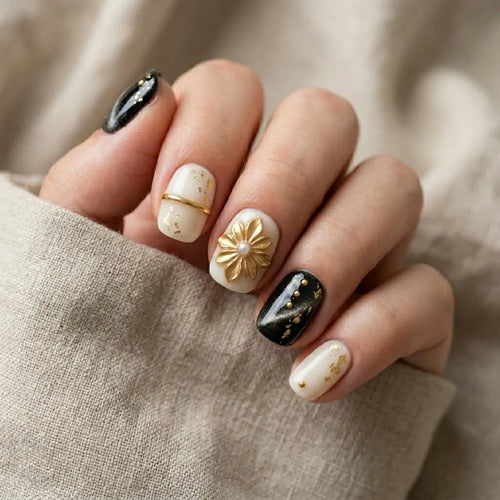 black ivory gold 3d cat eye square short press on nails flower gold foil pearl flat lay 03