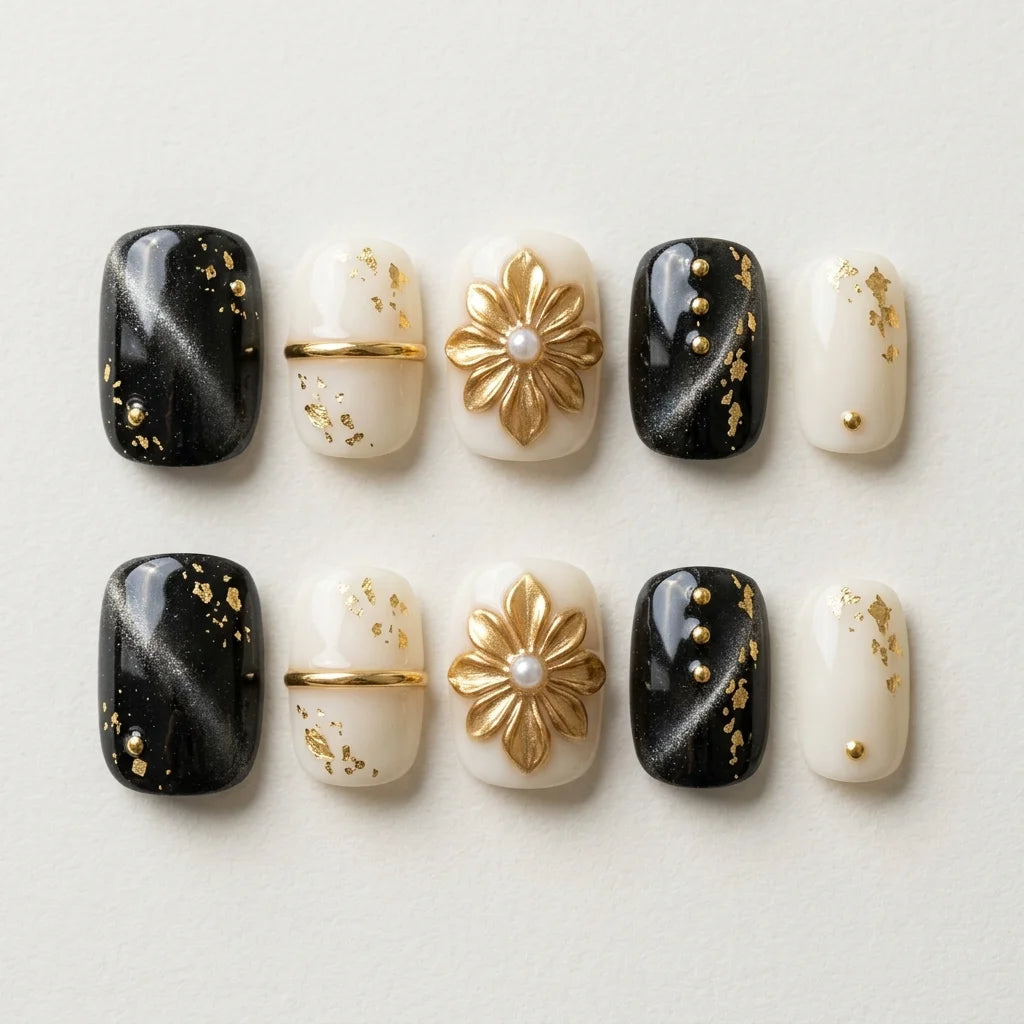 black ivory gold 3d cat eye square short press on nails flower gold foil pearl lifestyle 02