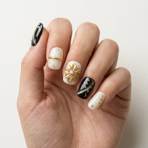black ivory gold 3d cat eye square short press on nails flower gold foil pearl mockup 01