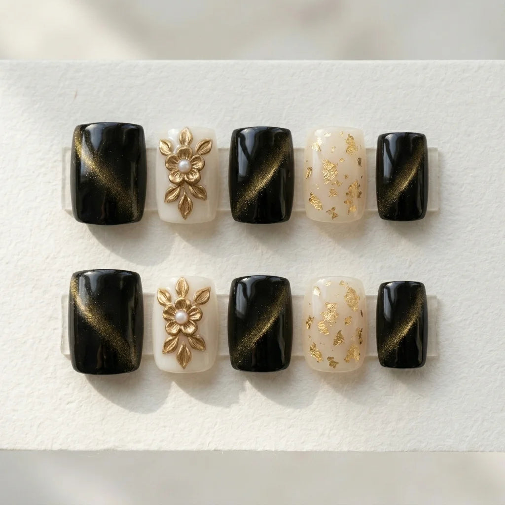 black nude gold 3d cat eye square short press on nails flower flake lifestyle 02