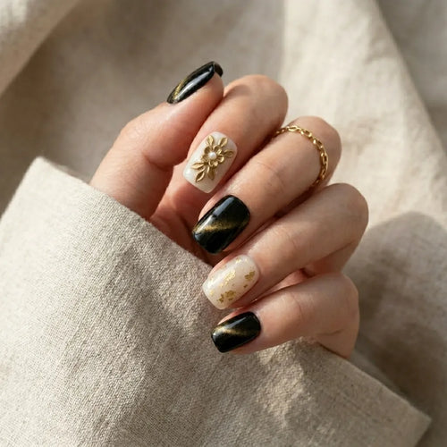 black nude gold 3d cat eye square short press on nails flower flake mockup 01