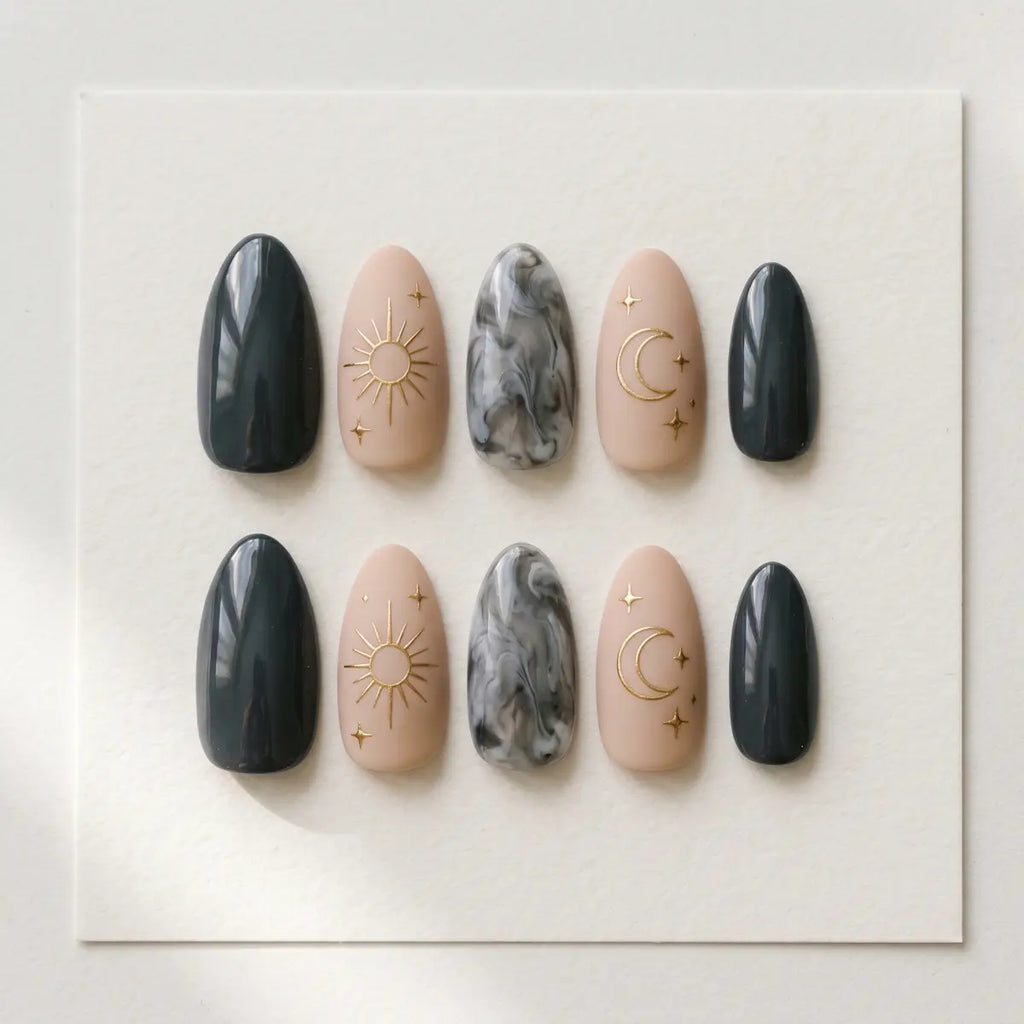 black nude marble almond press on nails gold celestial detail 03
