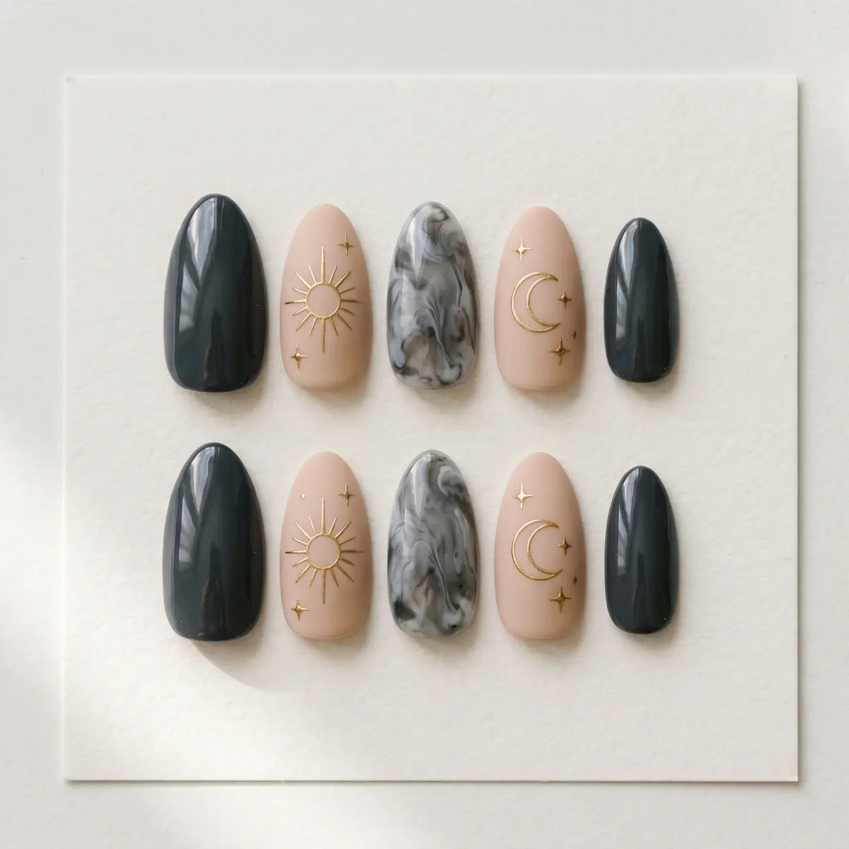 black nude marble almond press on nails gold celestial detail 03