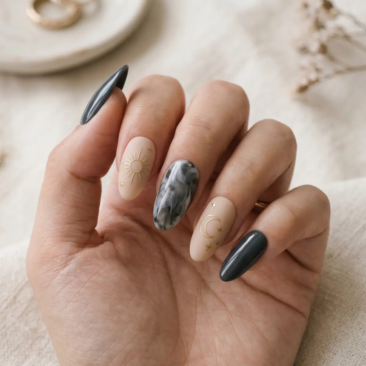 black nude marble almond press on nails gold celestial lifestyle 02