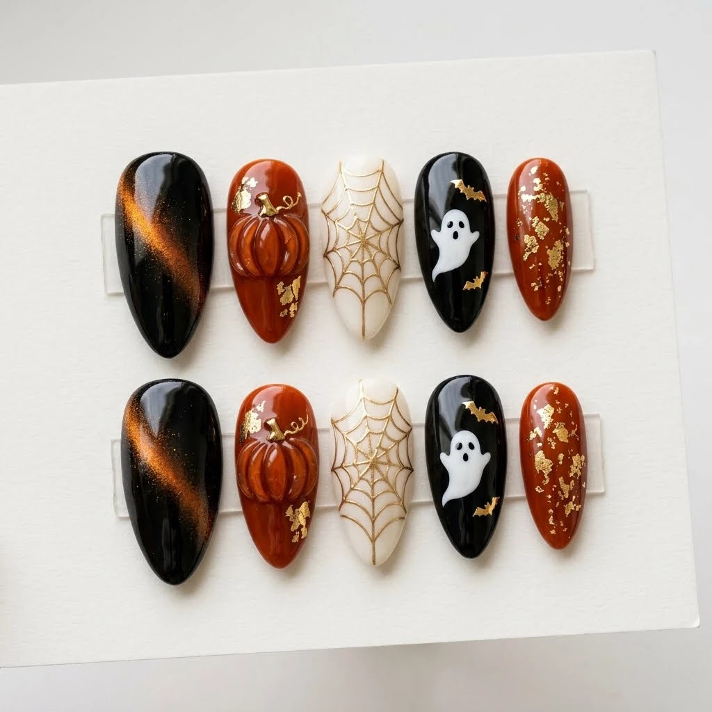black orange 3d cat eye halloween almond press on nails pumpkin ghost spider web flat lay 01