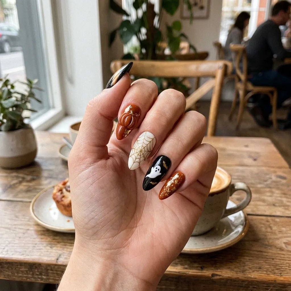 black orange 3d cat eye halloween almond press on nails pumpkin ghost spider web lifestyle 01