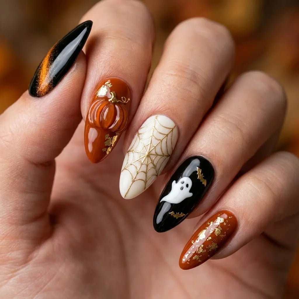 black orange 3d cat eye halloween almond press on nails pumpkin ghost spider web lifestyle 02