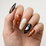 black orange 3d cat eye halloween almond press on nails pumpkin ghost spider web mockup 01