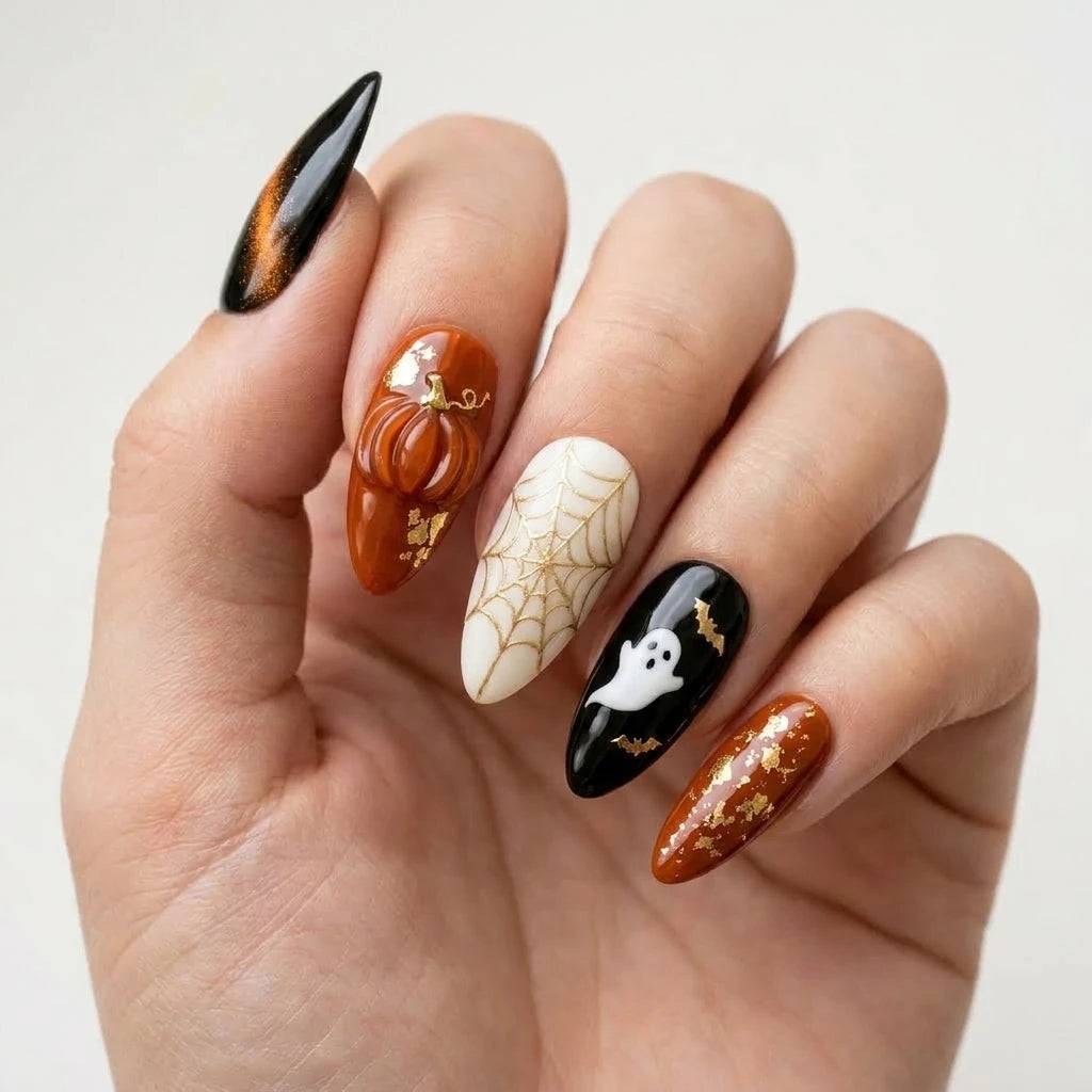 black orange 3d cat eye halloween almond press on nails pumpkin ghost spider web mockup 01
