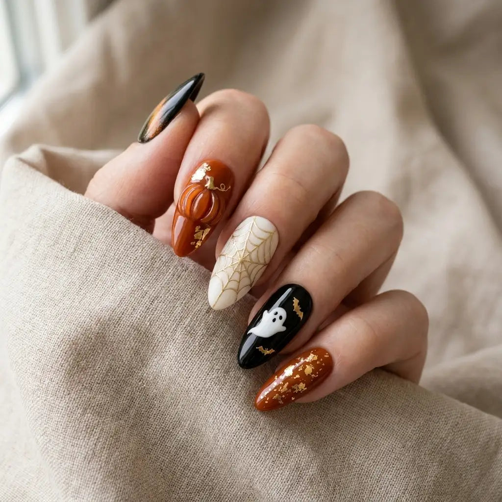 black orange 3d cat eye halloween almond press on nails pumpkin ghost spider web mockup 02