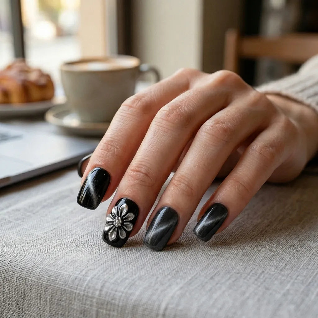 black silver 3d cat eye square short press on nails flower swirl flat lay 04