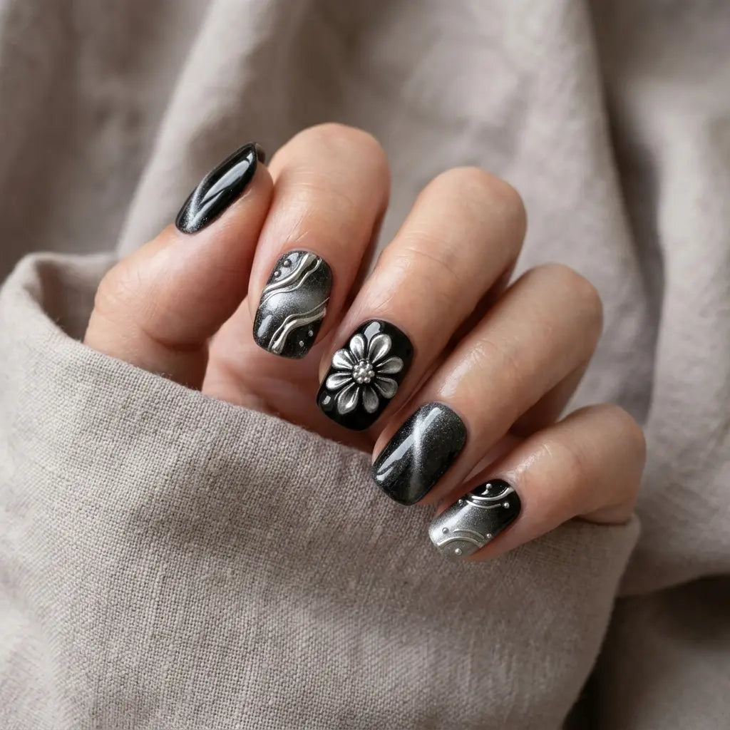 black silver 3d cat eye square short press on nails flower swirl lifestyle 02