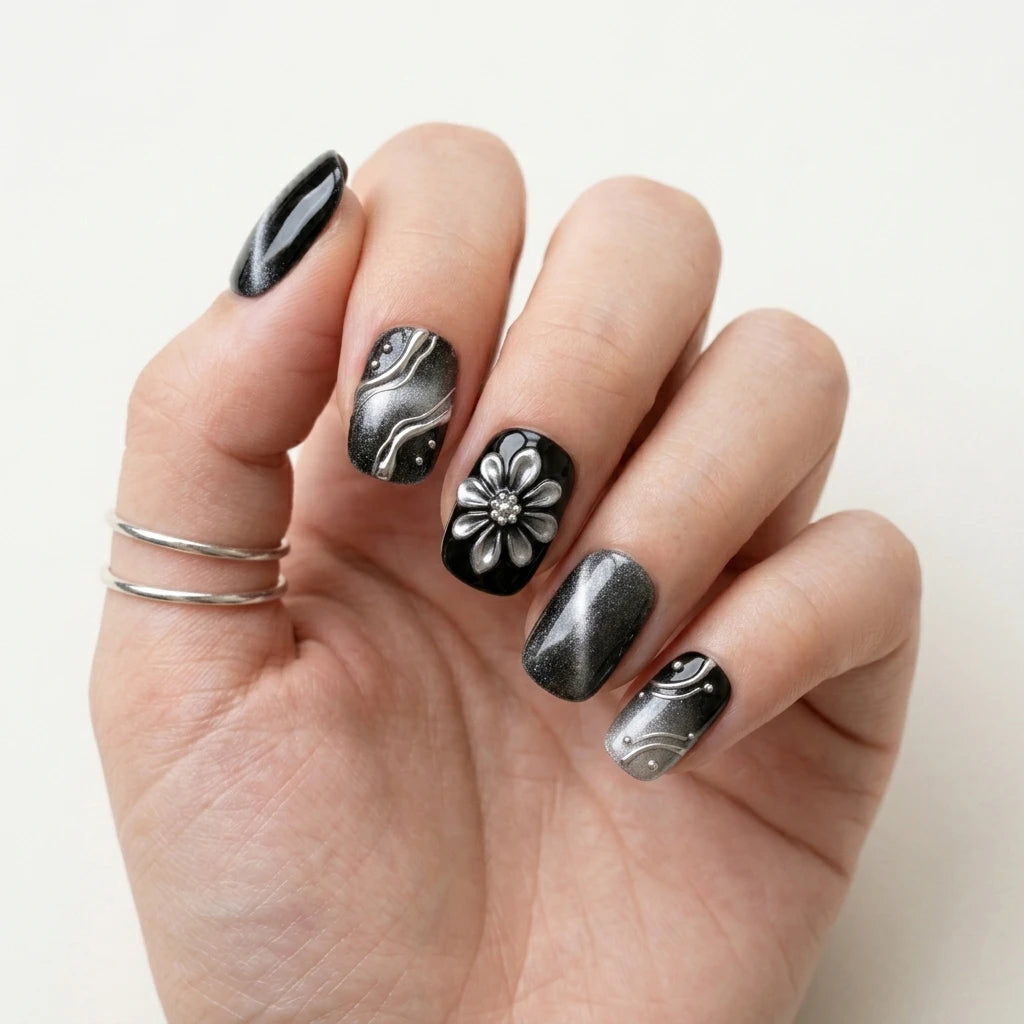 black silver 3d cat eye square short press on nails flower swirl lifestyle 03