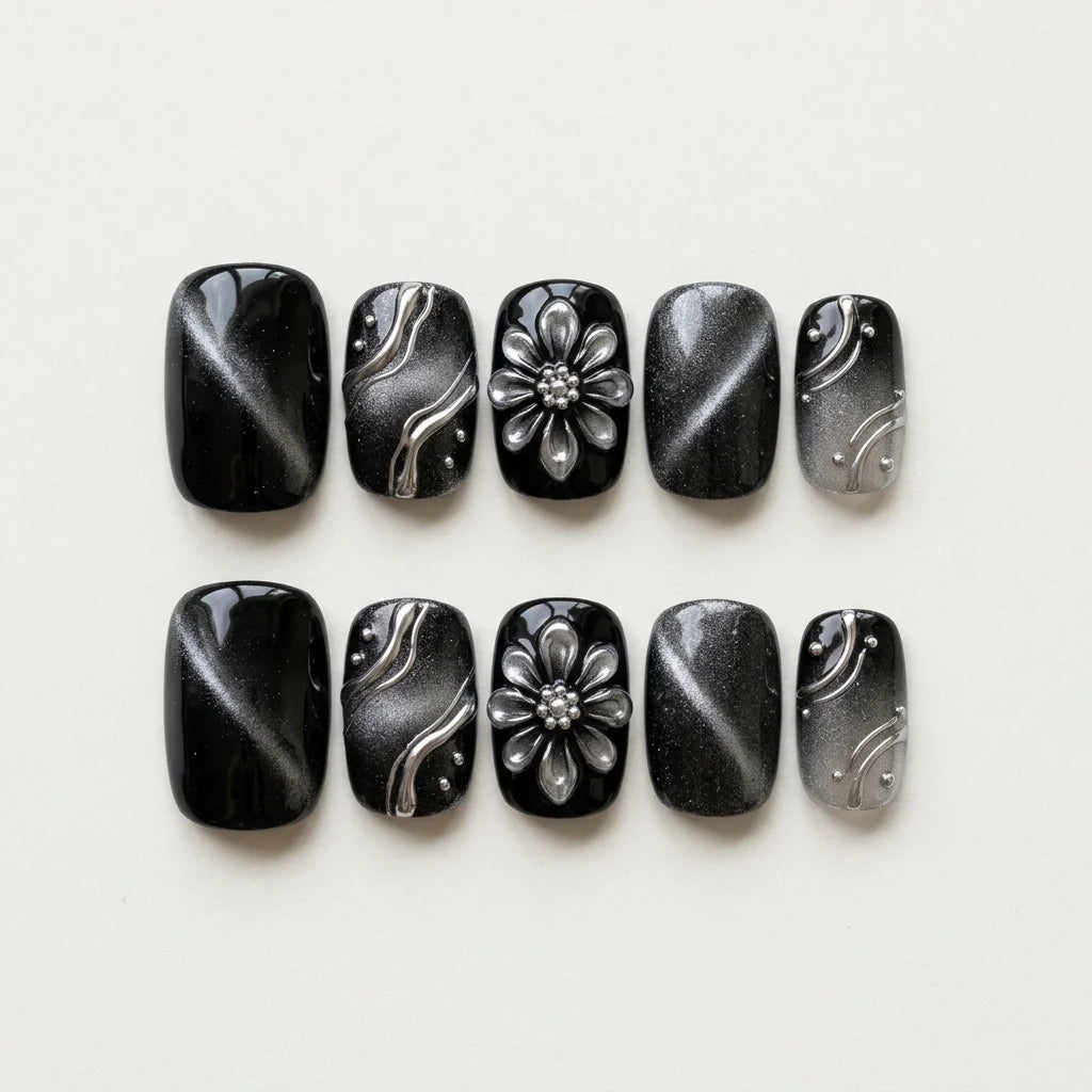 black silver 3d cat eye square short press on nails flower swirl mockup 01
