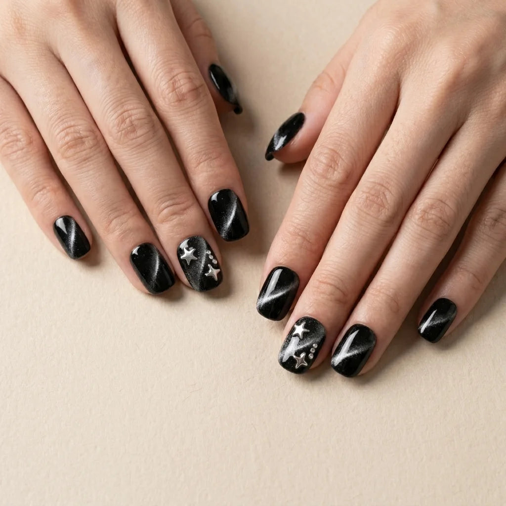 black silver cat eye square short press on nails star rhinestone flat lay 03