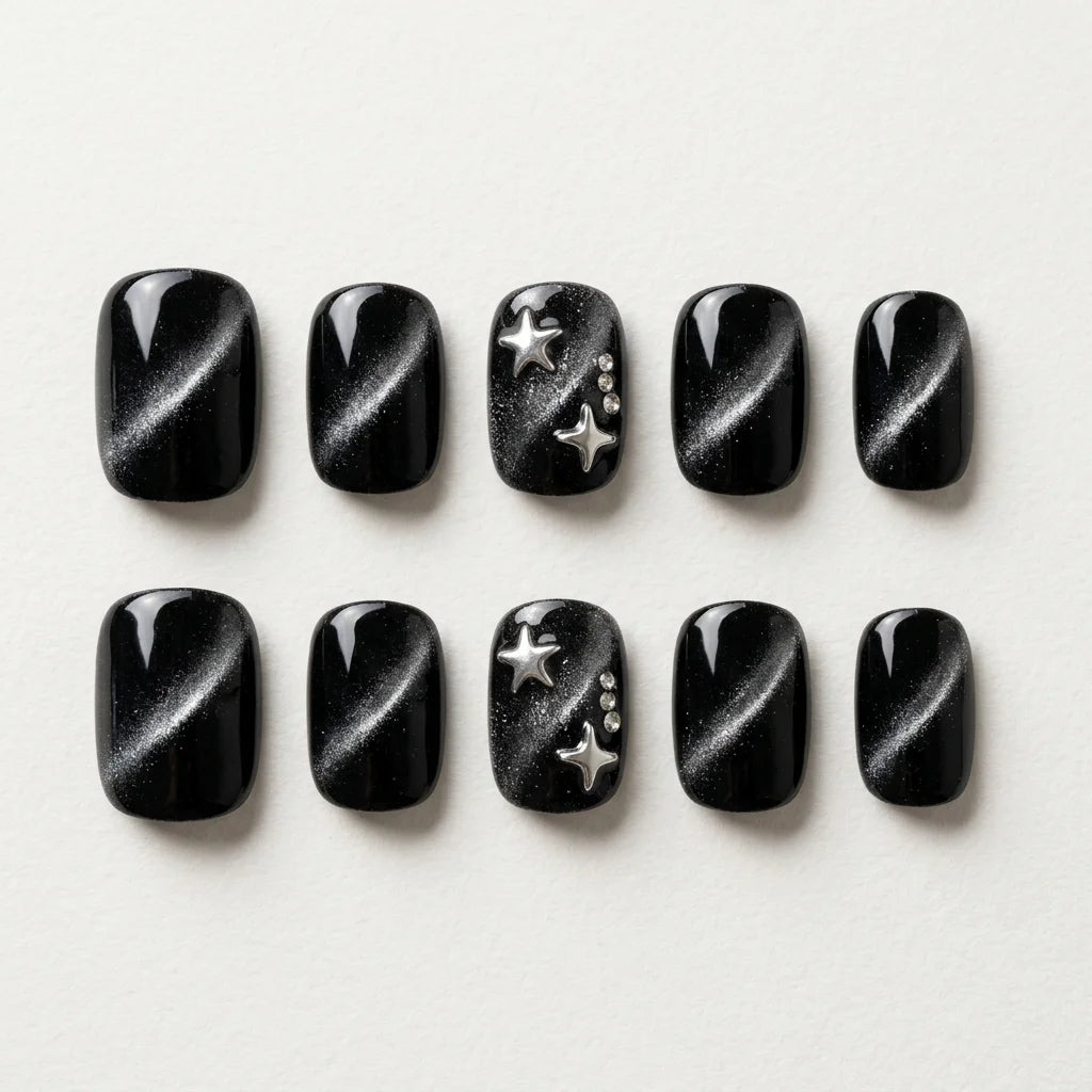 black silver cat eye square short press on nails star rhinestone lifestyle 02